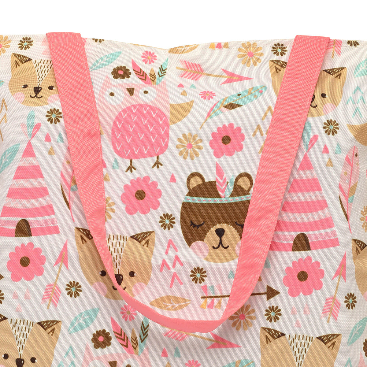 Cute pink tote bag adorned with a fun animal print, ideal for shopping or a day out.