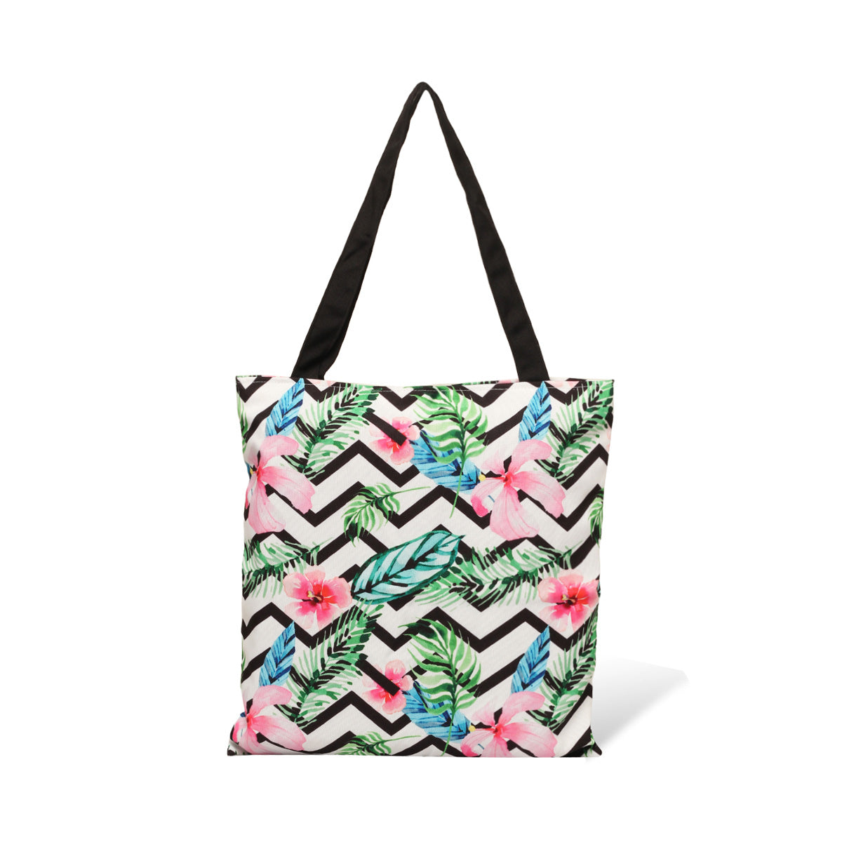  Stylish tote bag adorned with a tropical print, great for summer outings.