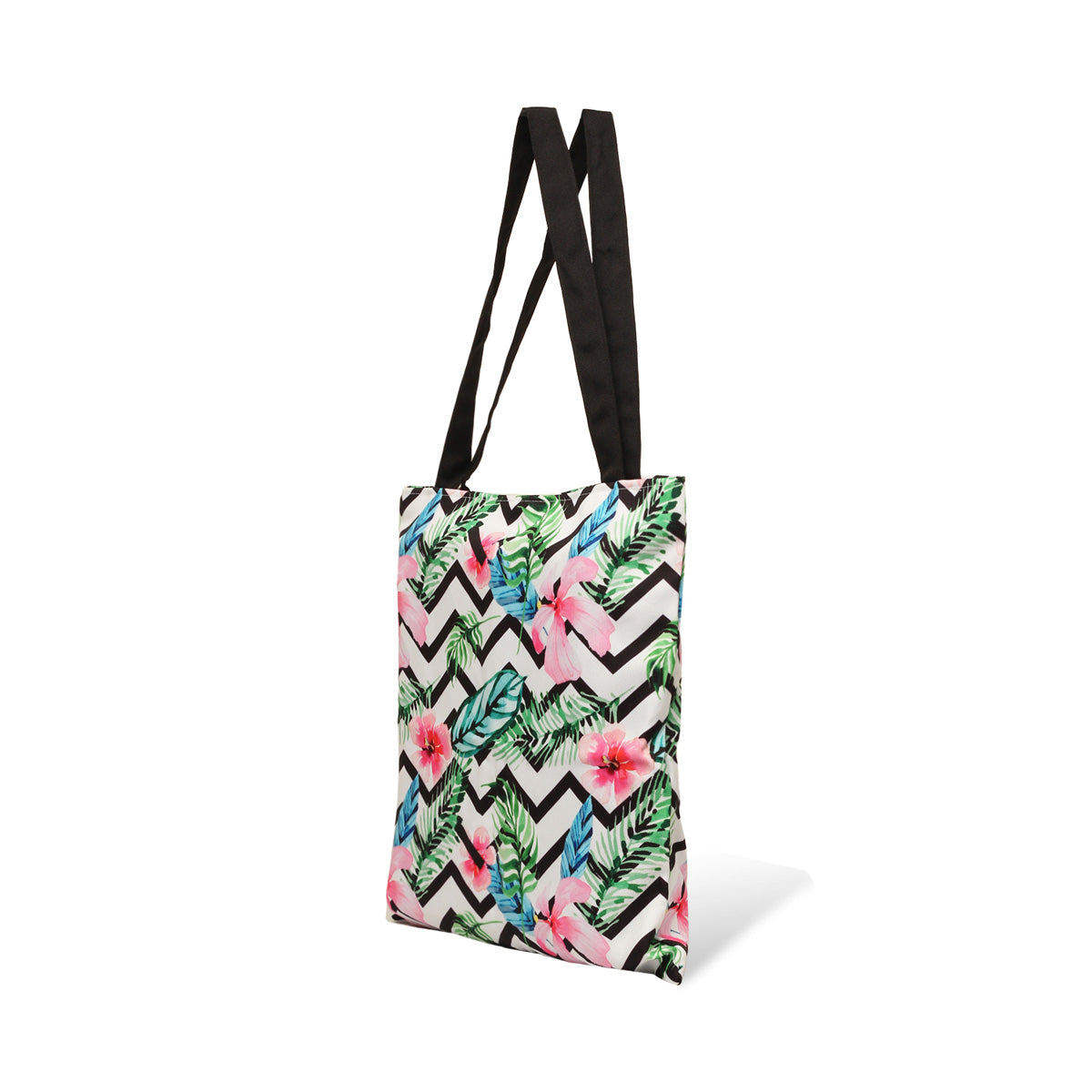 Eye-catching tote bag with a tropical motif, a must-have accessory for vacations.