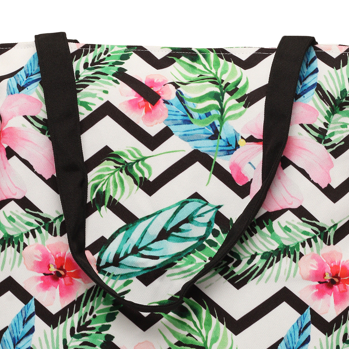 A large tote bag with vibrant tropical print.