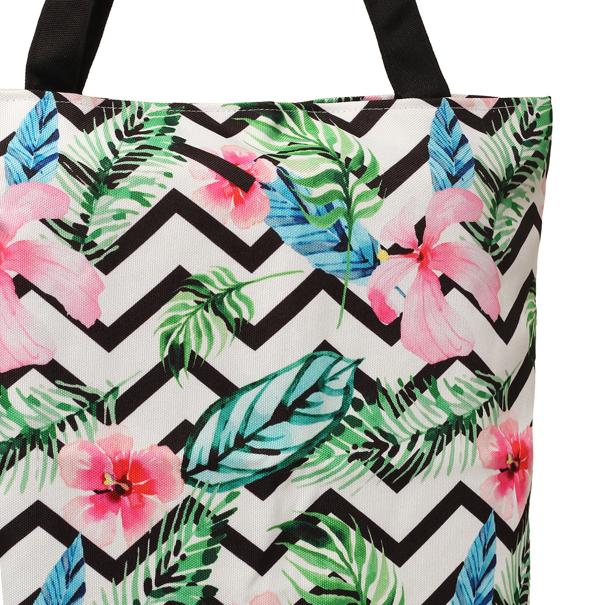 Fashionable tote bag showcasing a tropical pattern, adds a pop of color to any outfit.