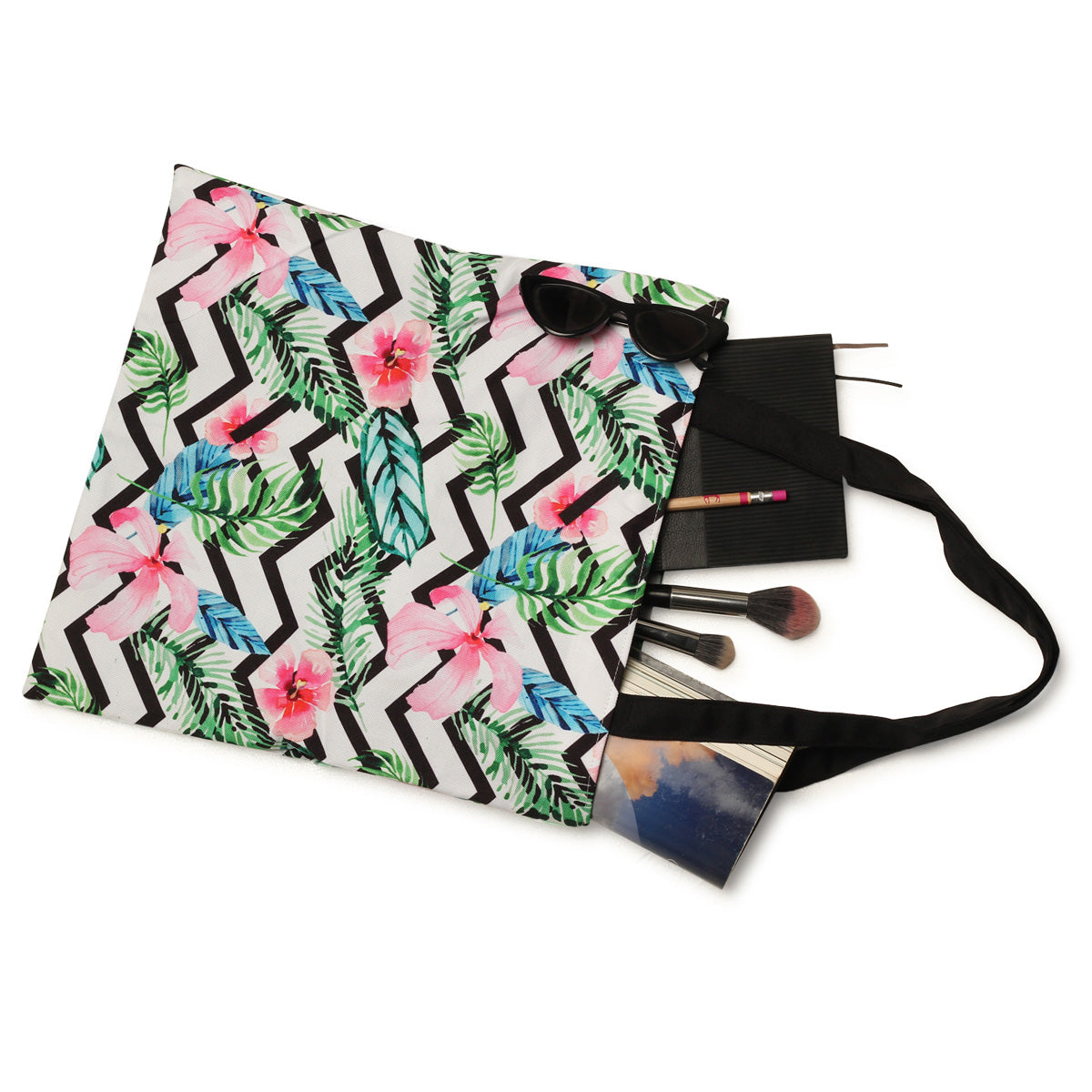 A spacious tote bag featuring a colorful tropical design.