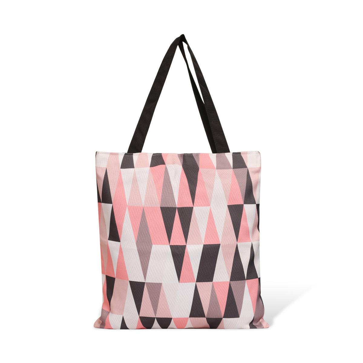  Fashionable pink and black tote bag adorned with triangles.