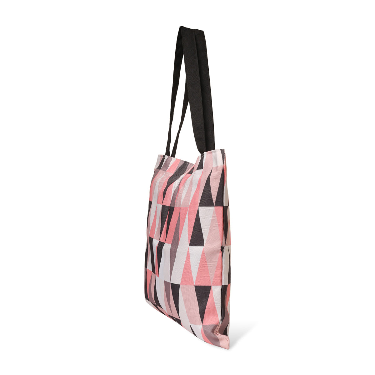 Trendy tote bag with pink and black triangles.