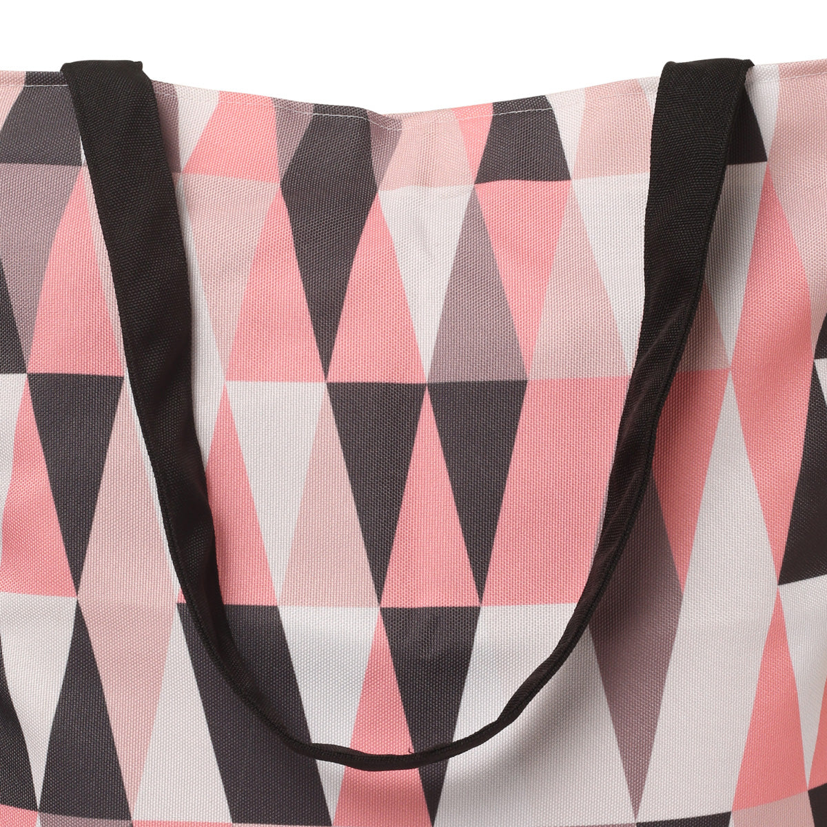 A contemporary pink and black tote bag with a distinctive triangle design, perfect for carrying essentials in style.