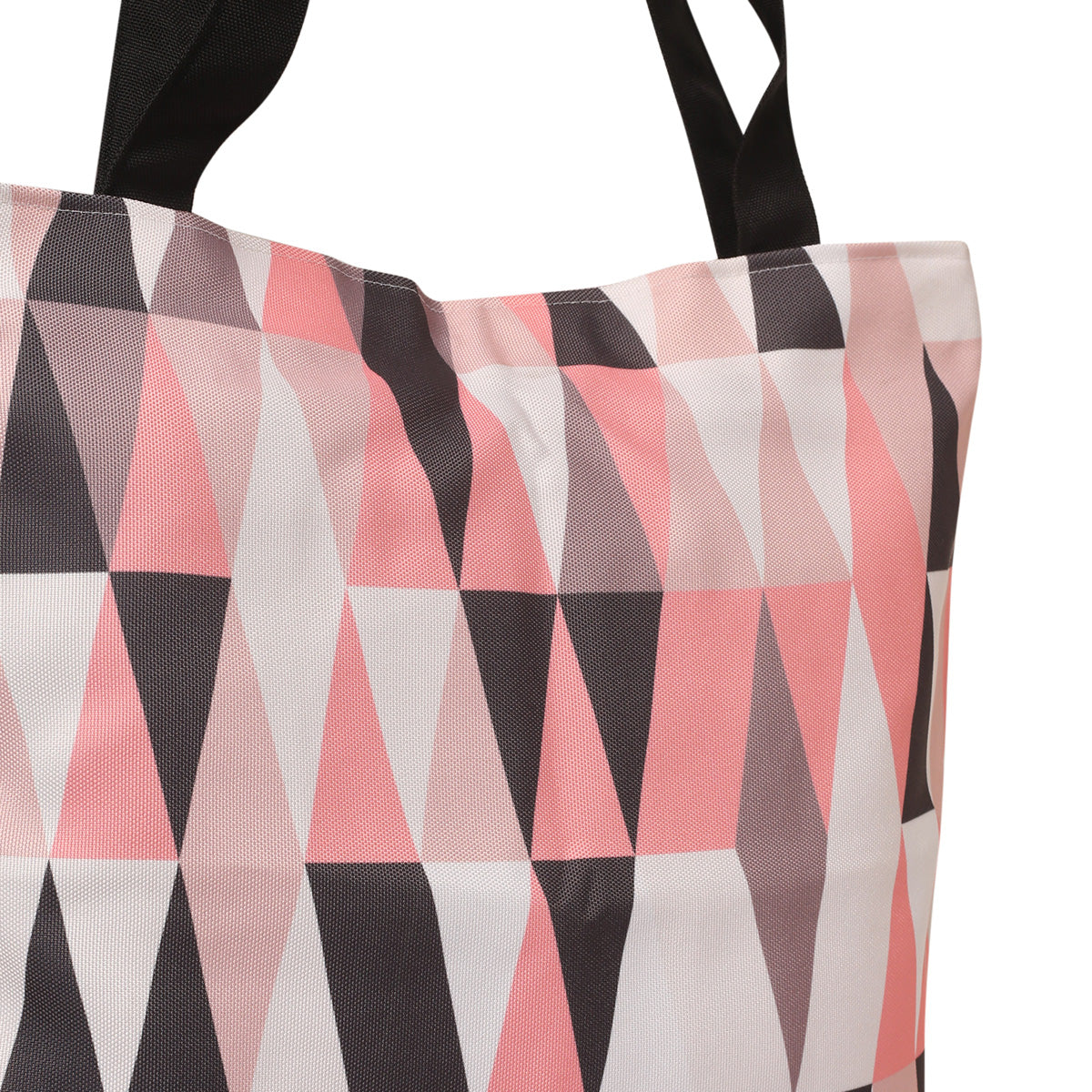  A fashionable tote bag in pink and black with a striking triangle pattern, combining style and functionality.