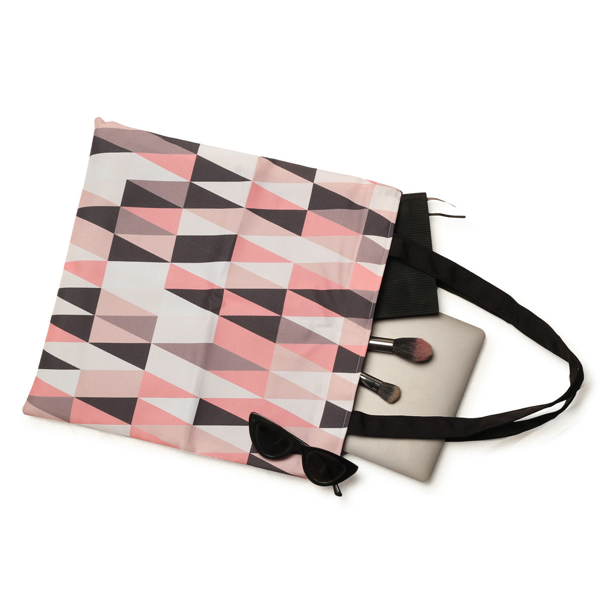 A trendy pink and black tote bag showcasing a unique triangle motif, suitable for casual outings or shopping trips.