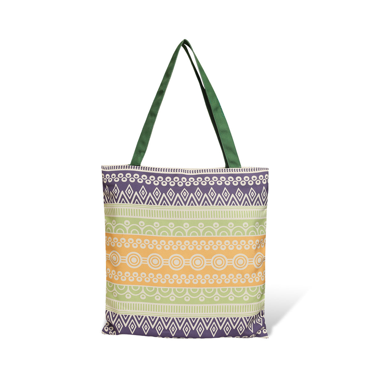  Colorful tote bag with green handles, perfect for carrying essentials in style.