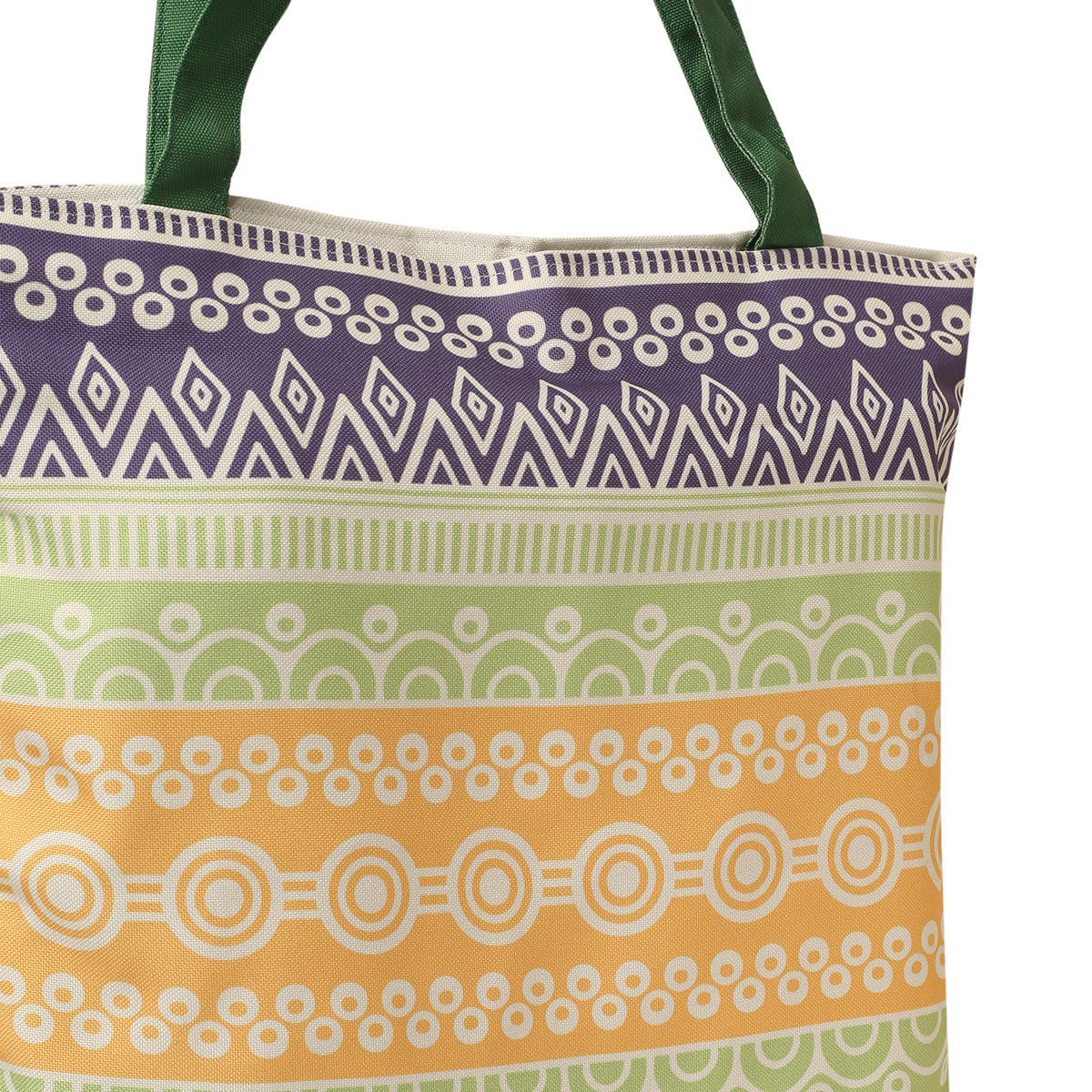 Vibrant tote bag featuring a green handle.