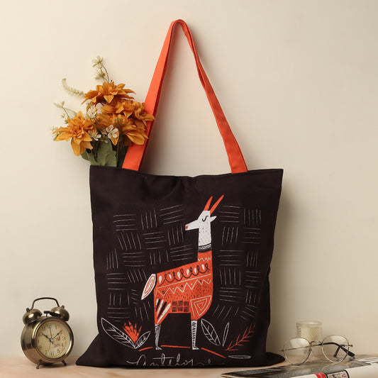 A colorful tote bag adorned with a charming llama graphic, ideal for shopping or casual outings.