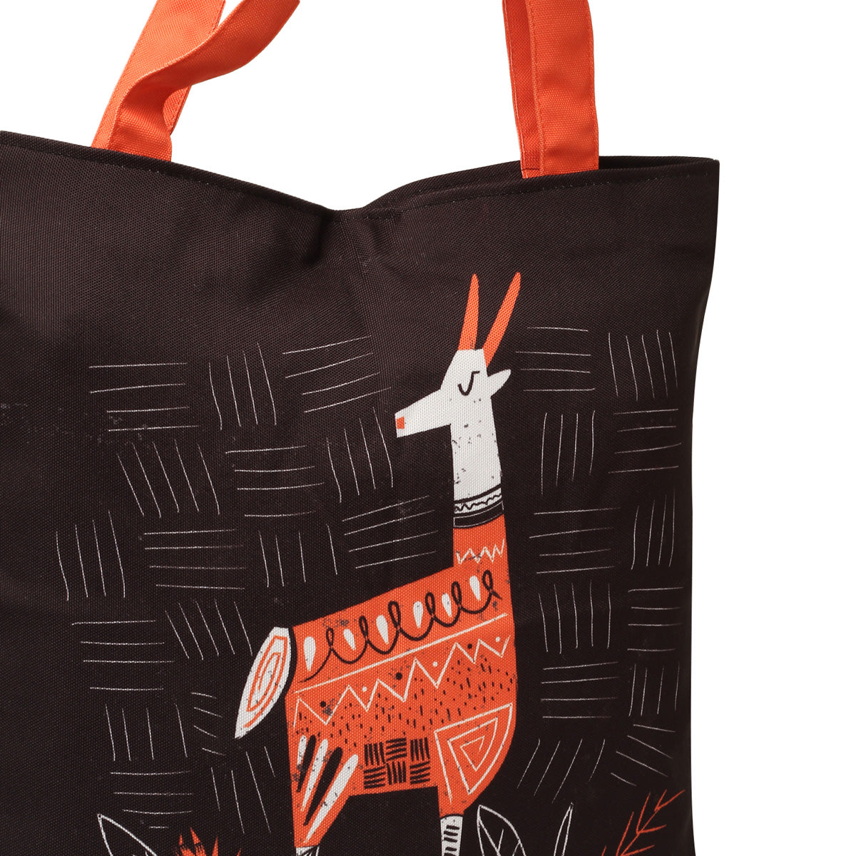 Goat design on a black and orange tote bag.