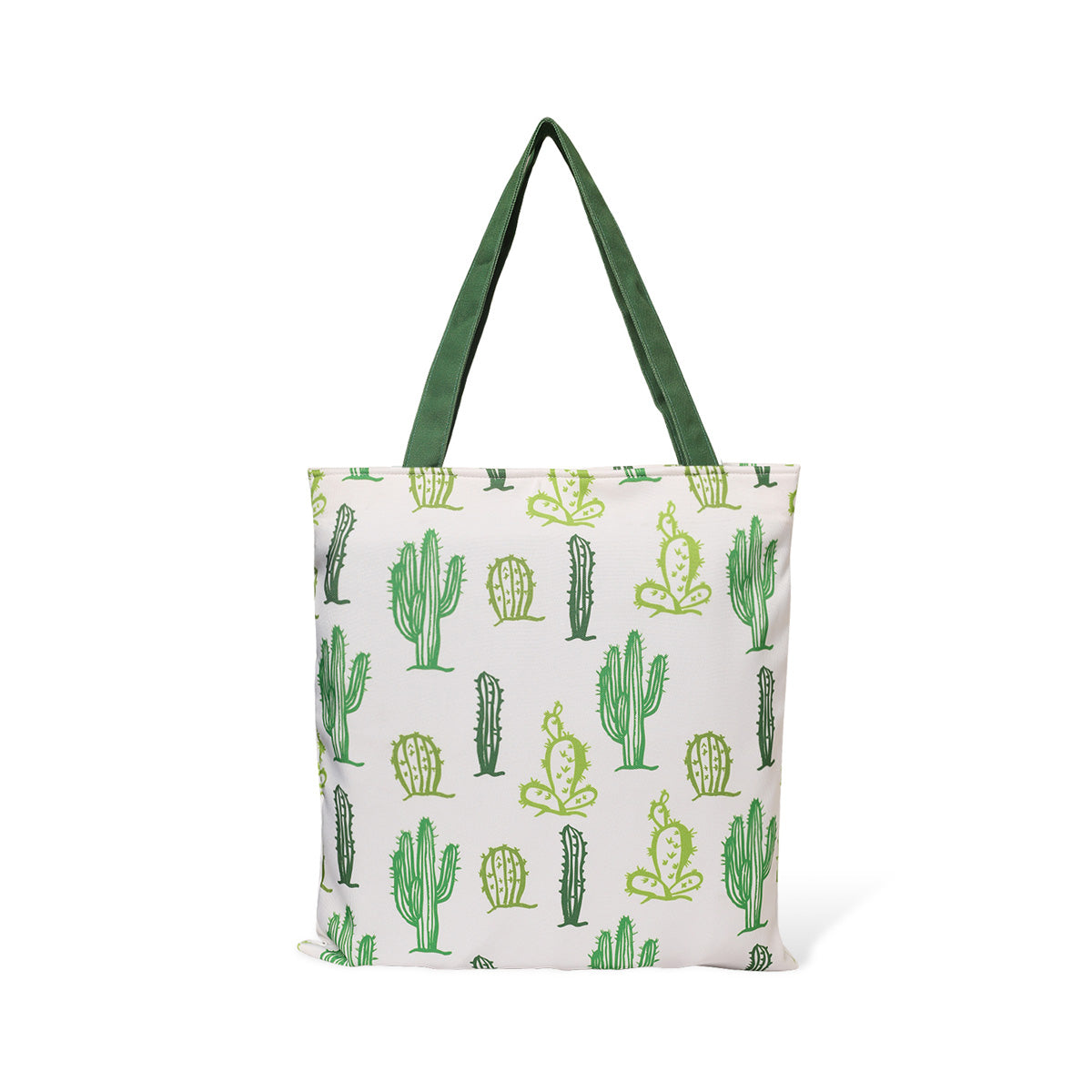 Tote bag with green and white colors and a cactus design.