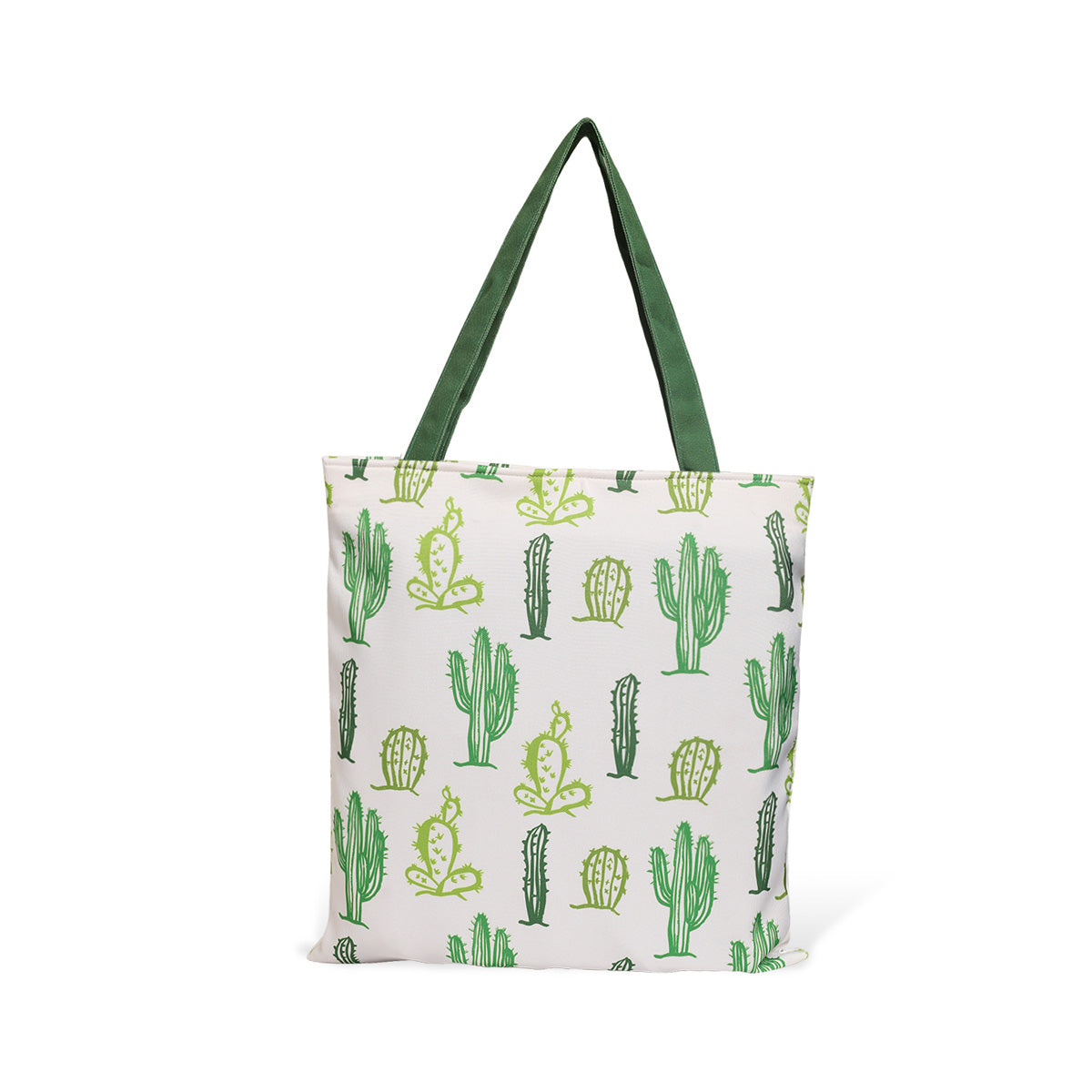 Green and white tote bag featuring a stylish cactus print.