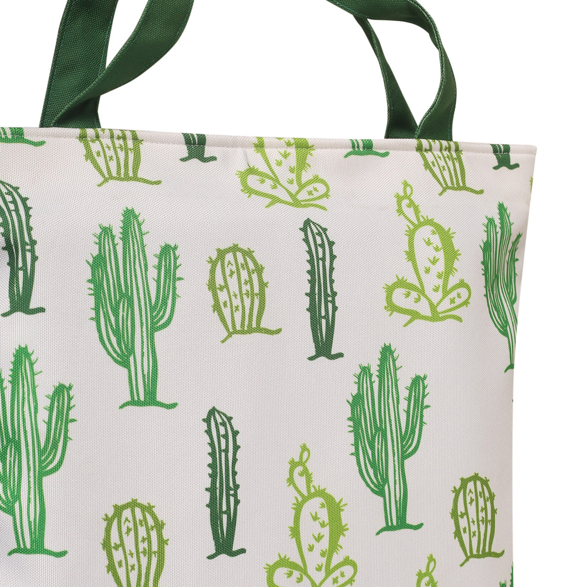 A fashionable tote bag with a green and white color scheme and cactus design.