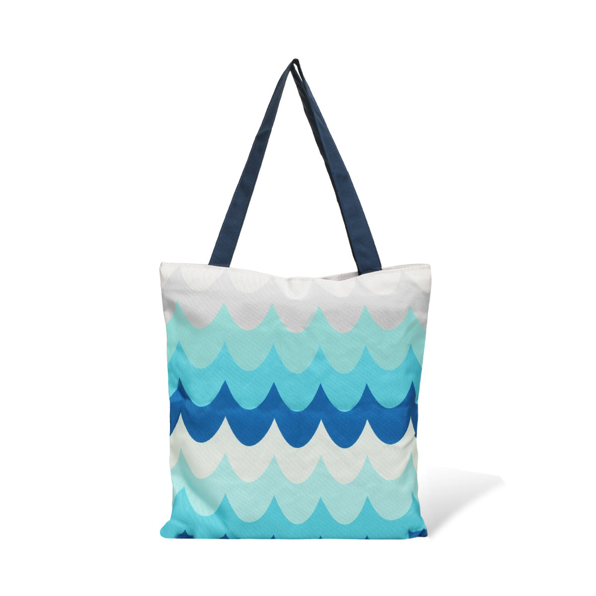 Fashionable blue and white tote with sunglasses.