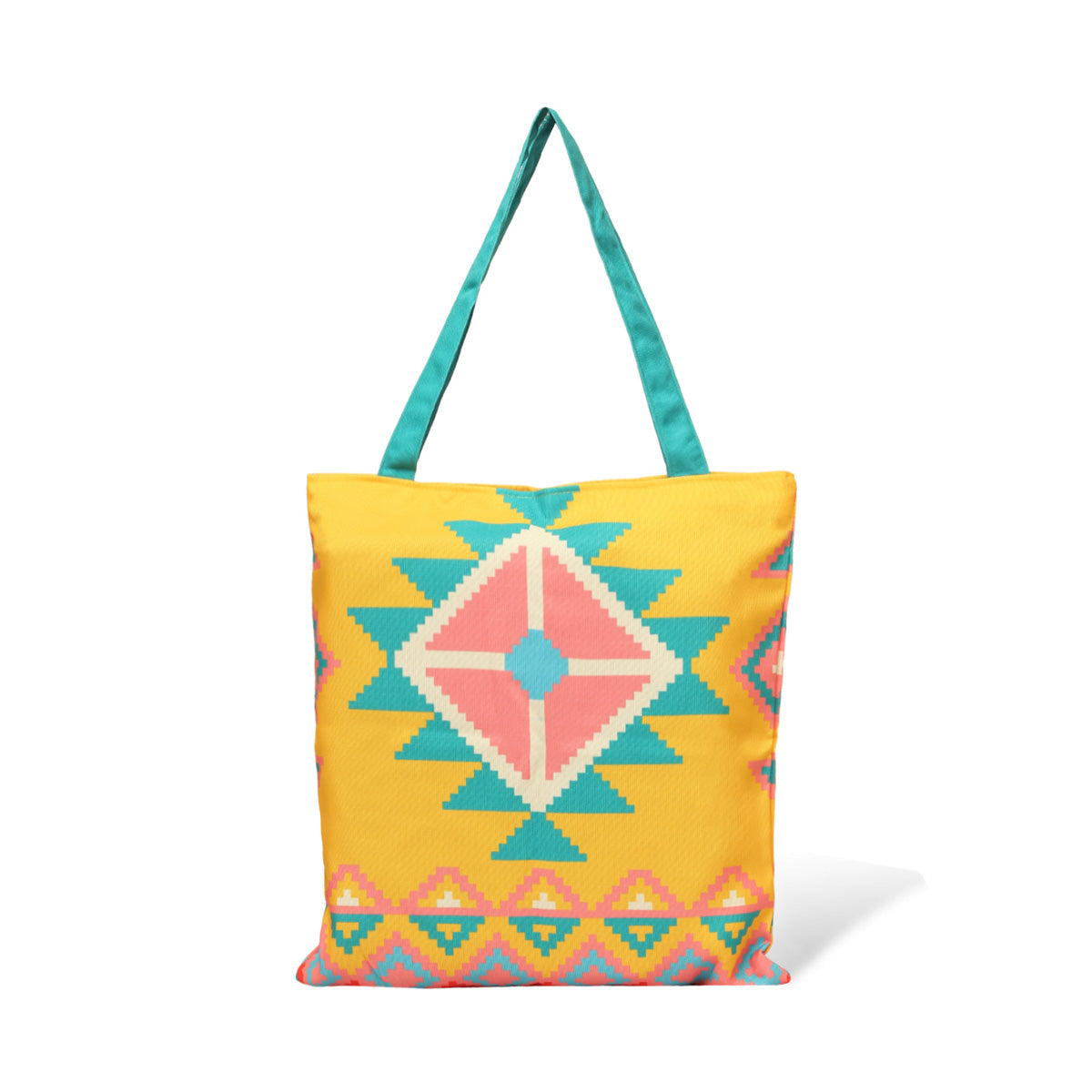 A yellow and blue tote bag featuring a pink and turquoise design.