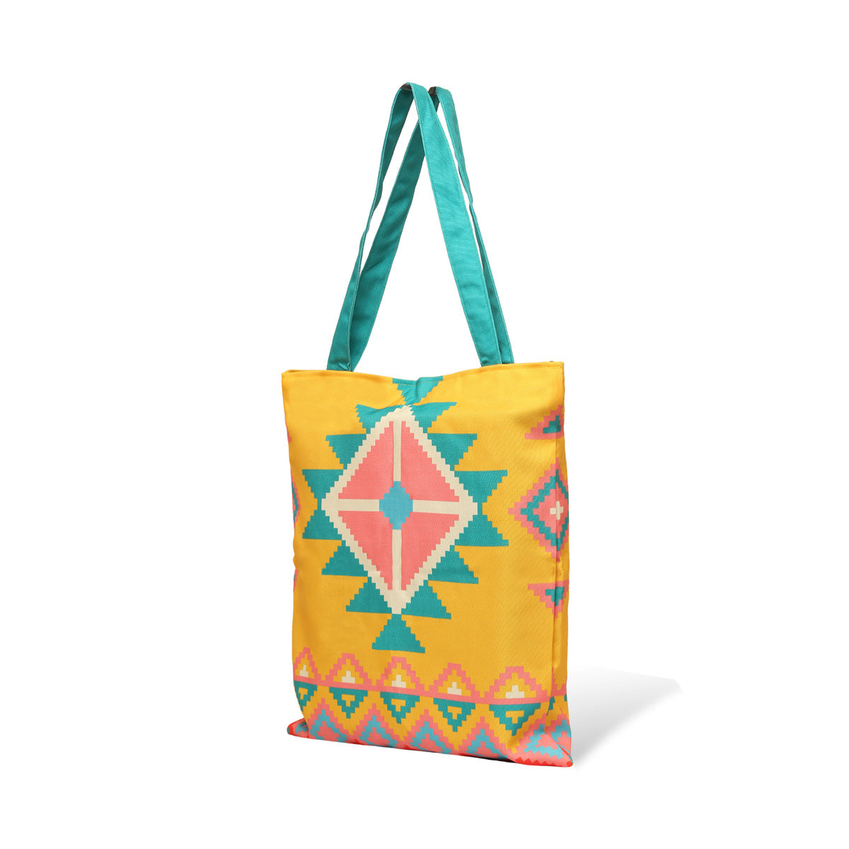 A yellow and blue tote bag with vibrant geometric patterns against a white backdrop.