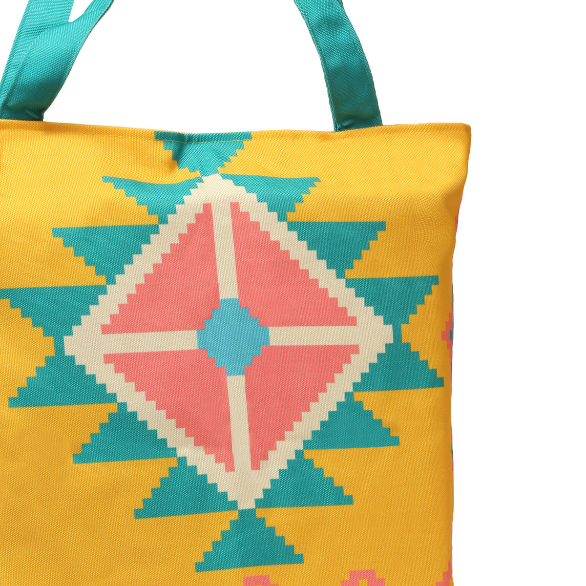 A yellow and blue tote bag with colorful geometric designs on a white background.