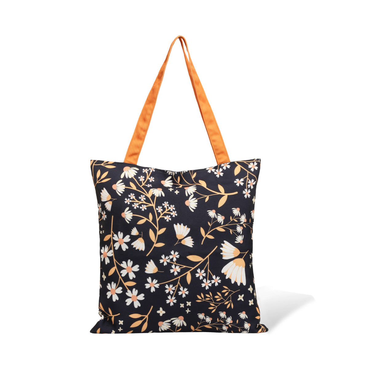 A tote bag with a floral pattern and vibrant orange handles.