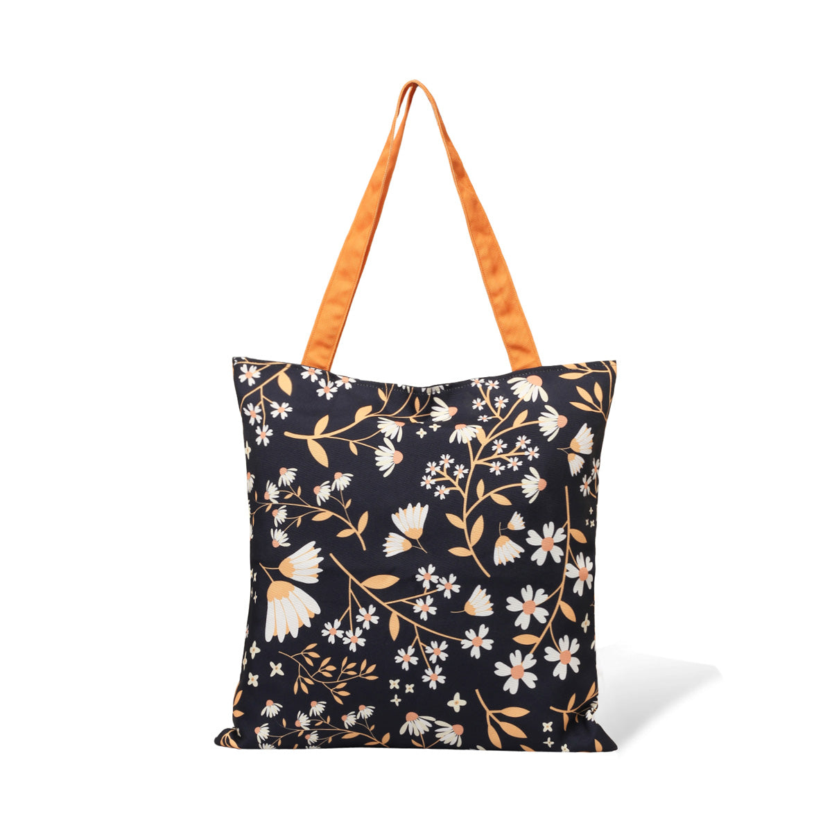 A floral tote bag featuring eye-catching orange handles.