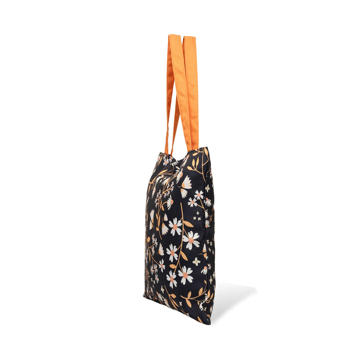 A tote bag adorned with colorful flowers and bold orange handles.