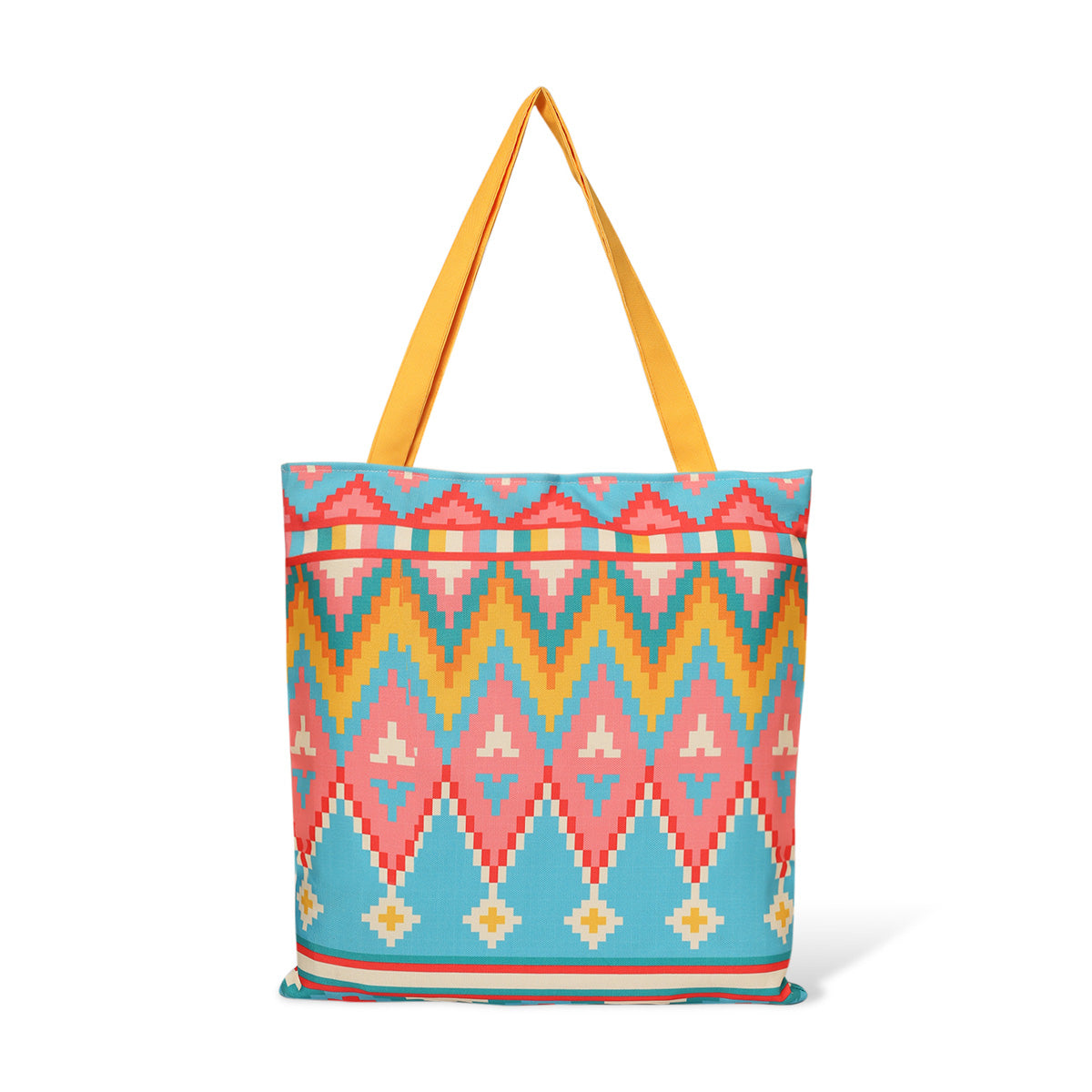 A bright and cheerful tote bag showcasing trendy sunglasses, ideal for summer adventures and outdoor fun.