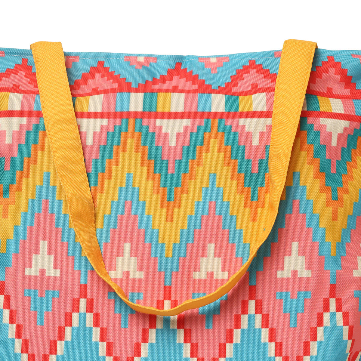  A vibrant tote bag with a sunny yellow handle.