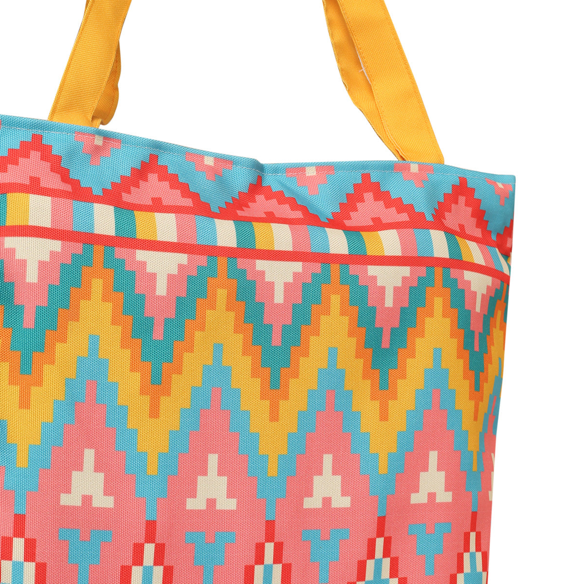 Colorful tote bag featuring a bright yellow handle.