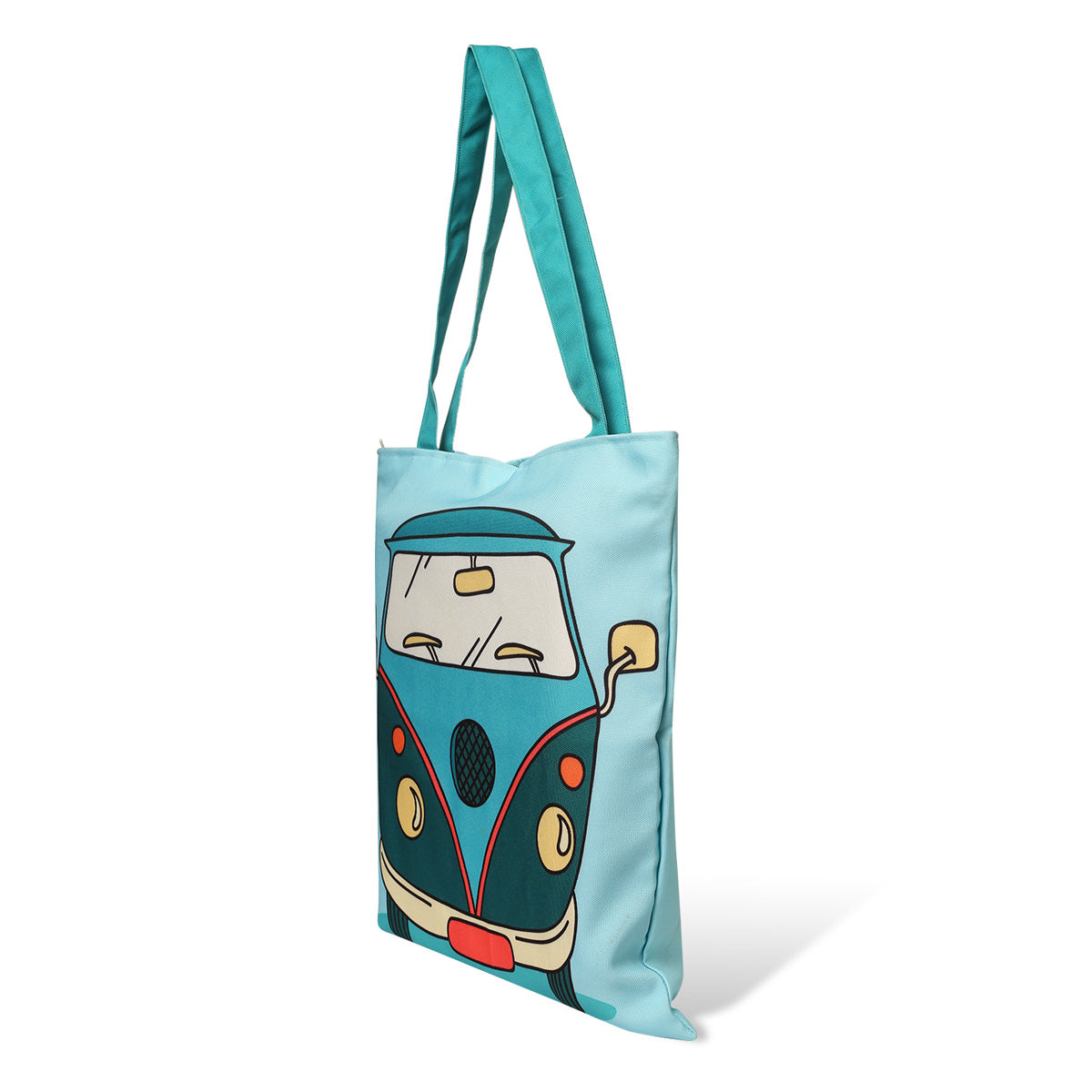  A colorful tote bag featuring a blue and green Volkswagen bus, blending practicality with a playful, vintage-inspired look.