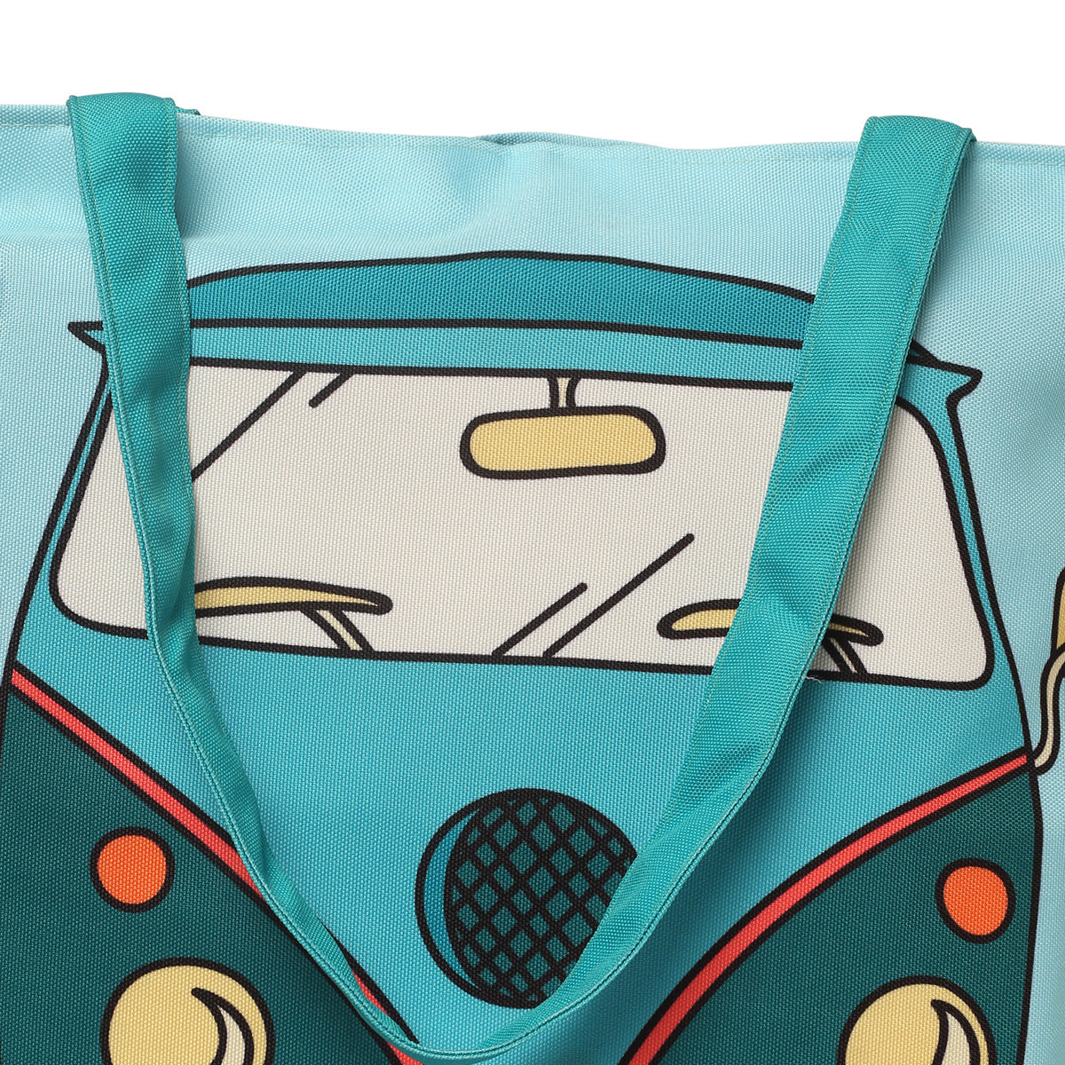 Blue and turquoise Volkswagen bus tote bag, perfect for carrying essentials on the go