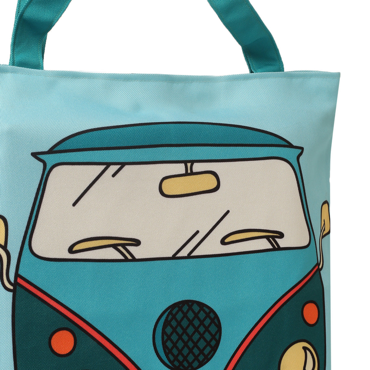 Stylish tote bag featuring a blue and turquoise Volkswagen bus design.