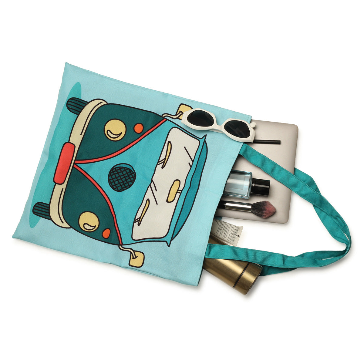 Stand out from the crowd with this vibrant blue and turquoise Volkswagen bus tote bag.