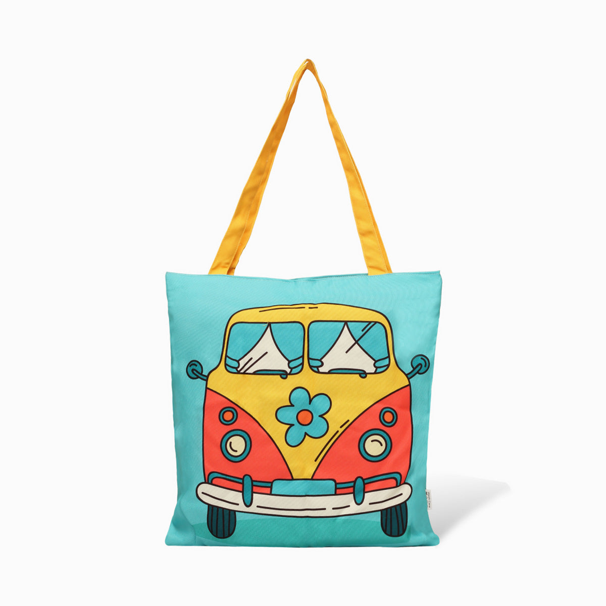 Bright tote bag adorned with a playful cartoon bus motif, adding a fun touch to your everyday look.