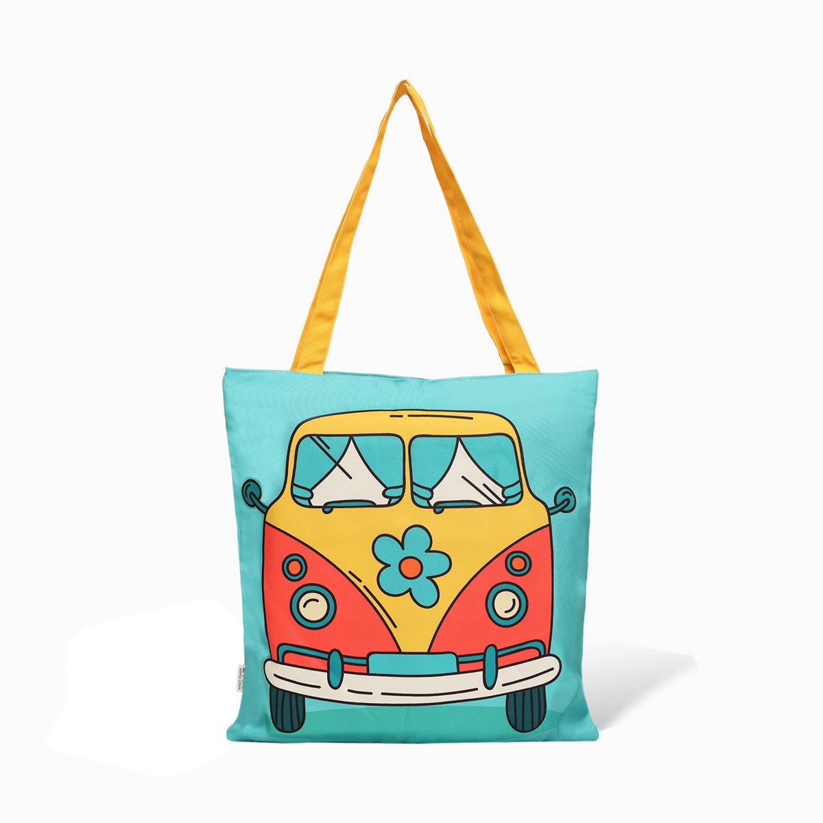 Eye-catching tote bag showcasing a charming bus graphic, a must-have accessory for any fashion lover.