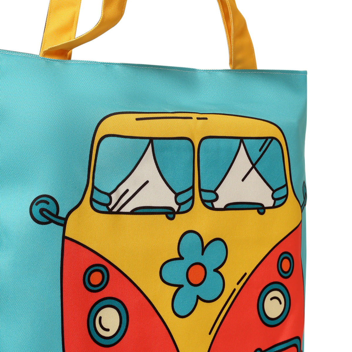 Tote bag featuring a vibrant bus adorned with flowers, perfect for adding a pop of color to your outfit.