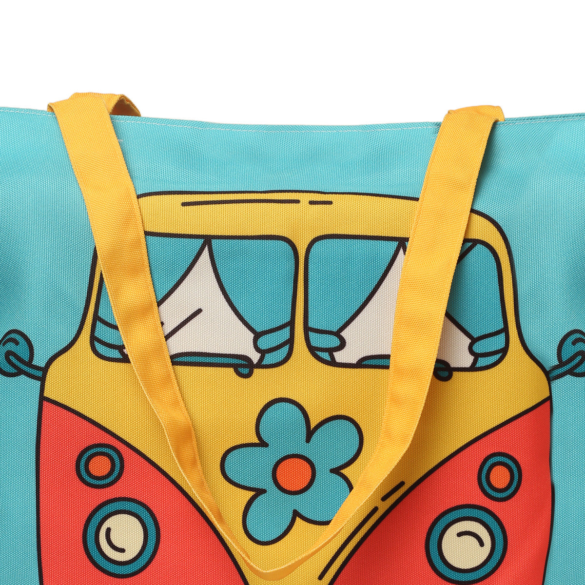 Colorful tote bag displaying a bus covered in flowers, a fun and stylish accessory for any occasion.