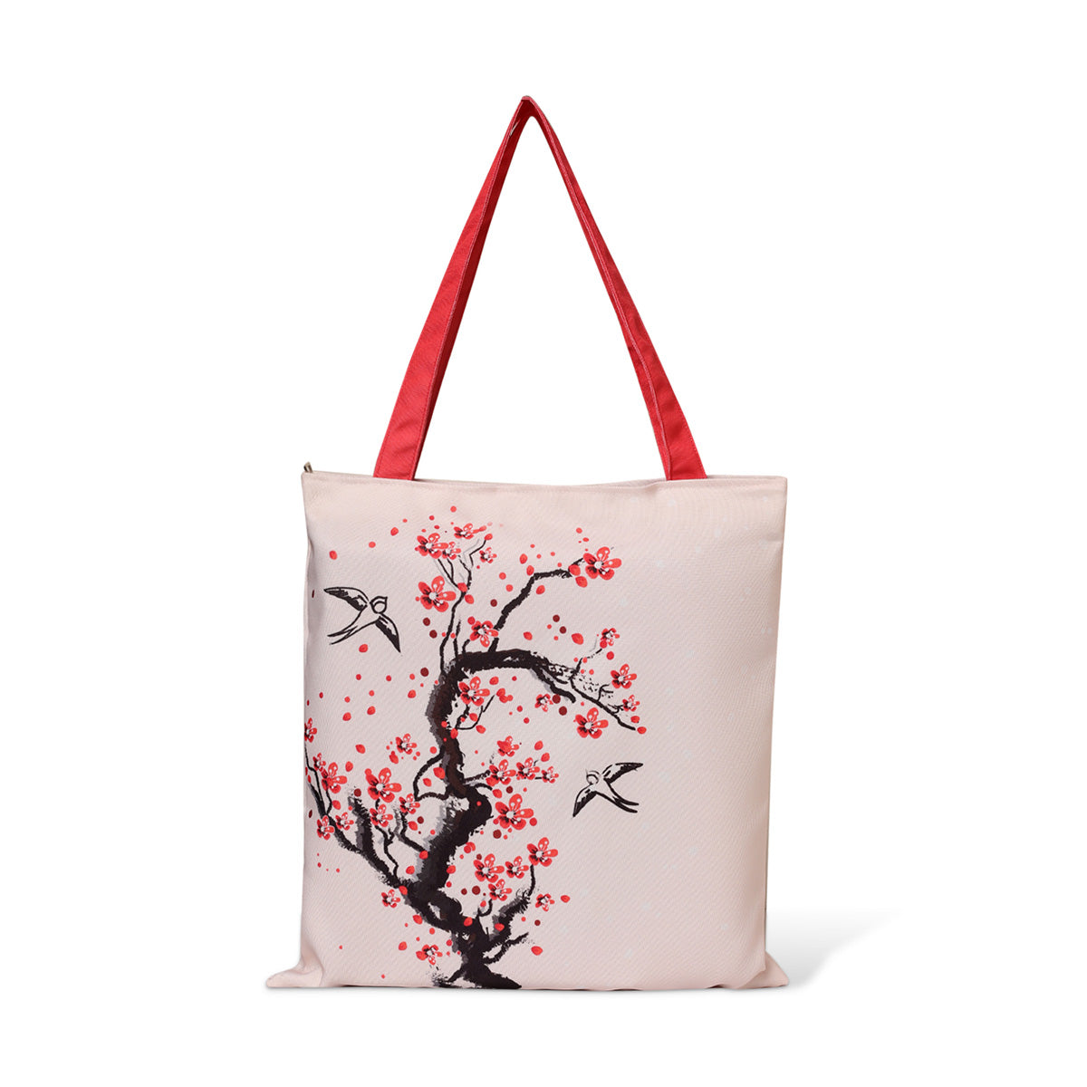 A tote bag featuring a bird and cherry blossom design, perfect for adding a touch of nature to your outfit.