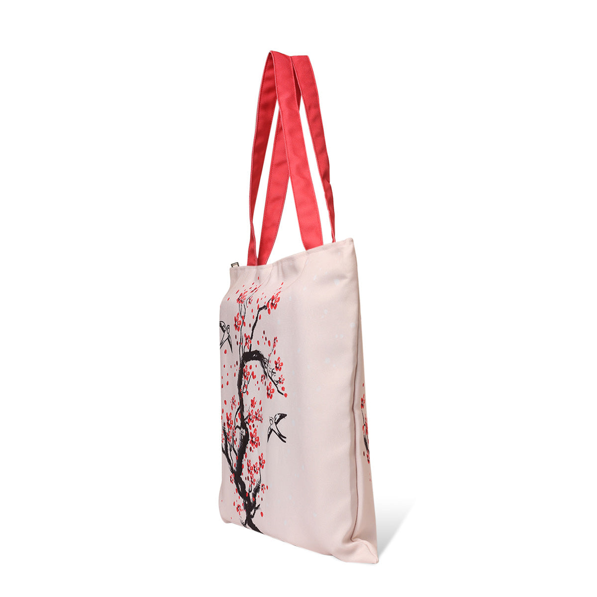 Carry your essentials in style with this tote bag showcasing a lovely bird and cherry blossom print.