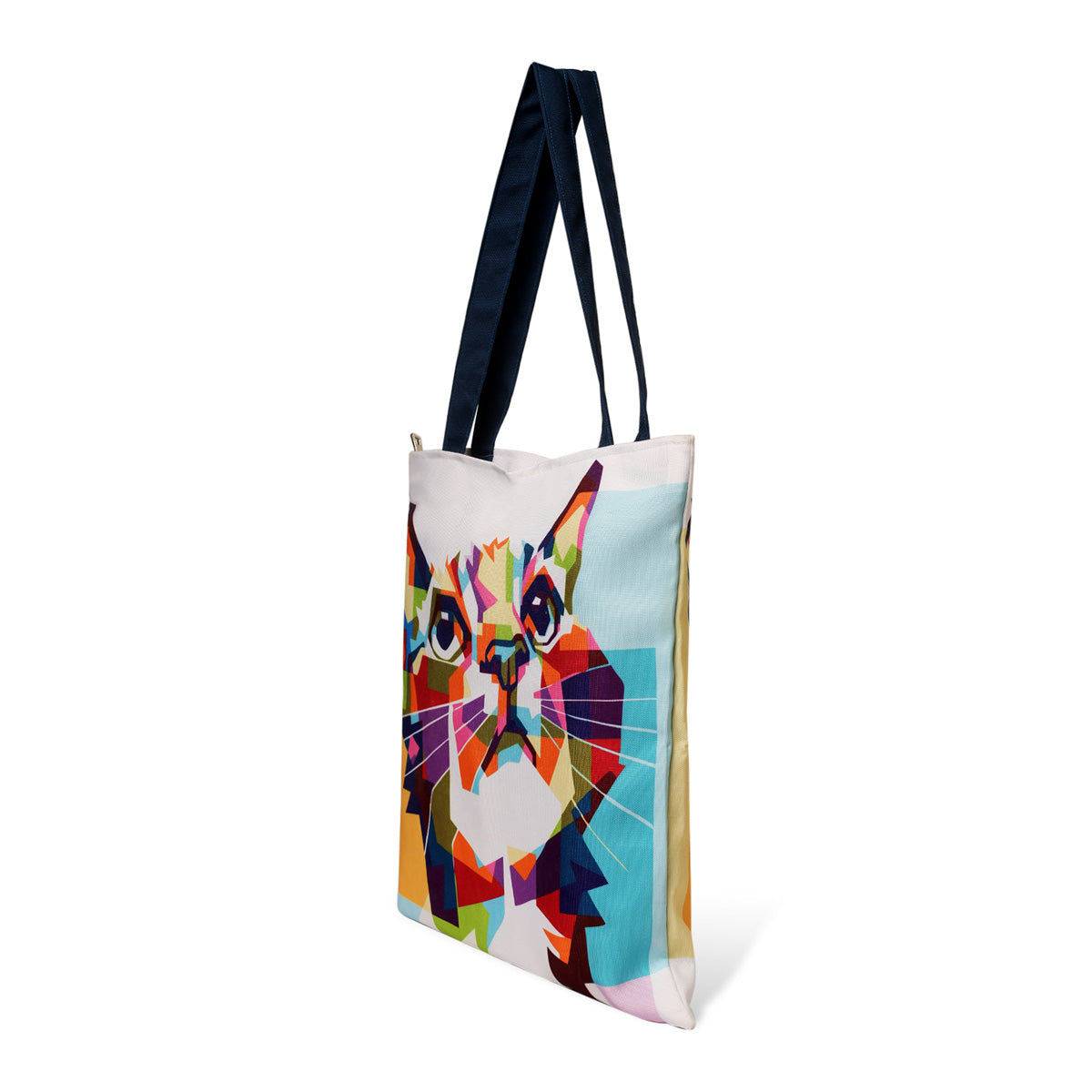 Vibrant cat face design on a tote bag.