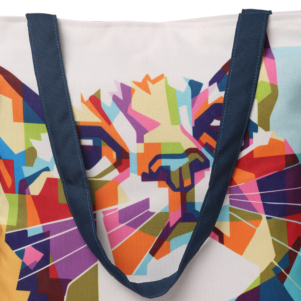 Tote bag with a colorful and eye-catching cat face.