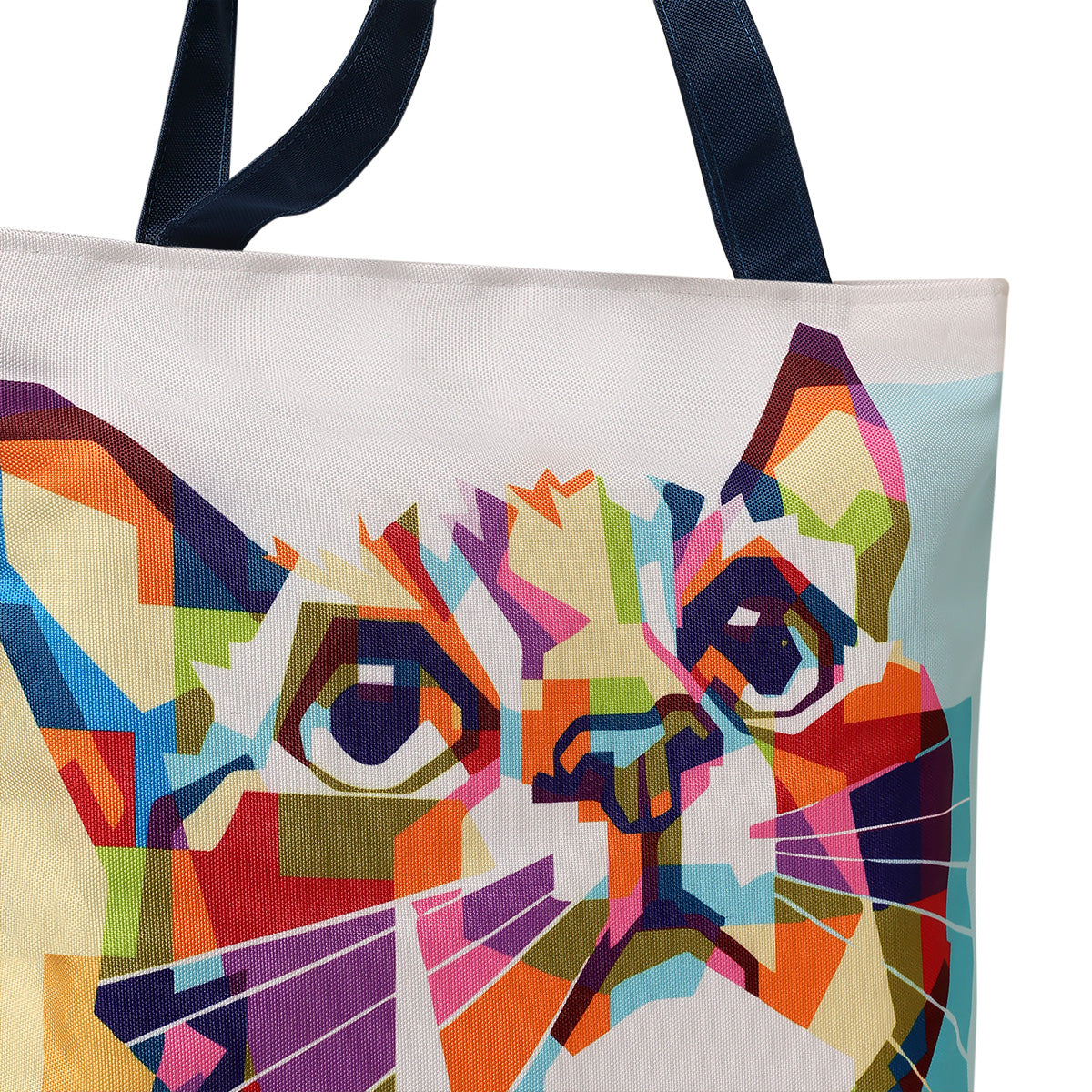 Colorful cat face design on tote bag, perfect for cat lovers.