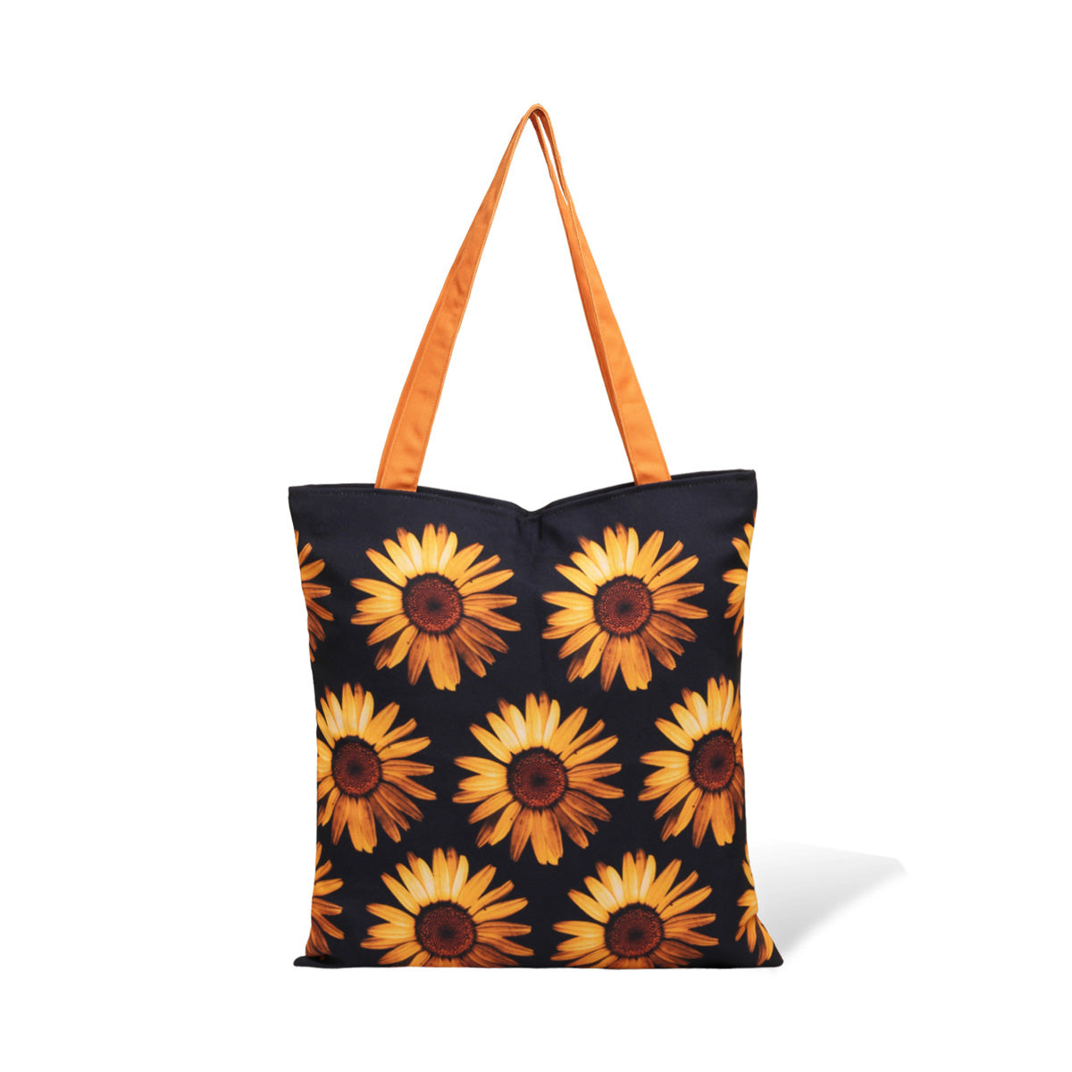 Chic tote bag adorned with sunflowers in black and orange.