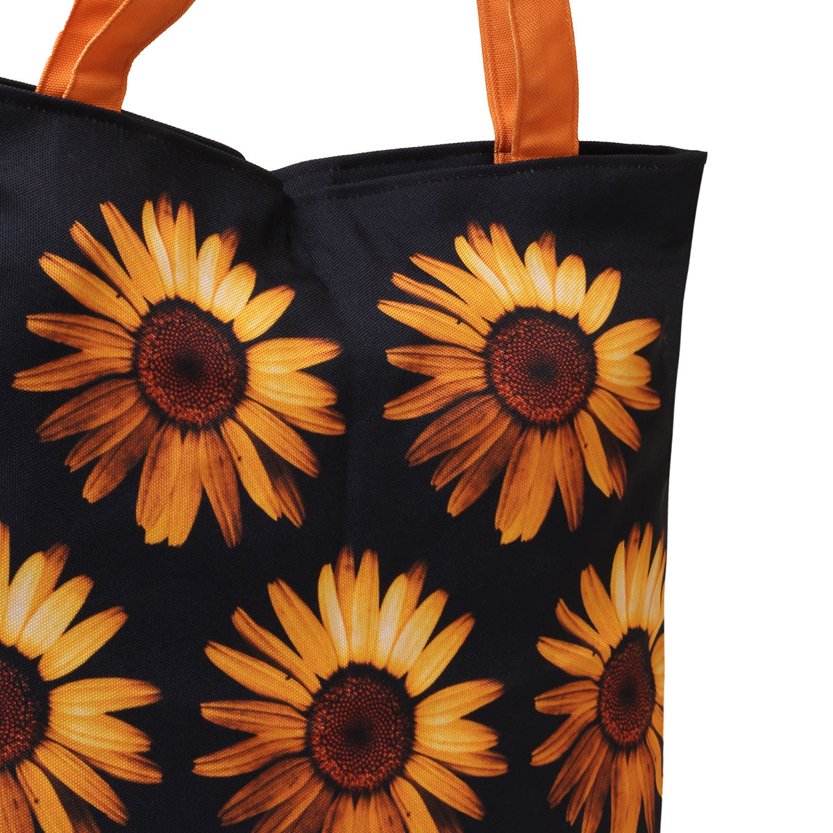 A fashionable black and orange tote bag embellished with cheerful sunflowers, suitable for various occasions and activities.