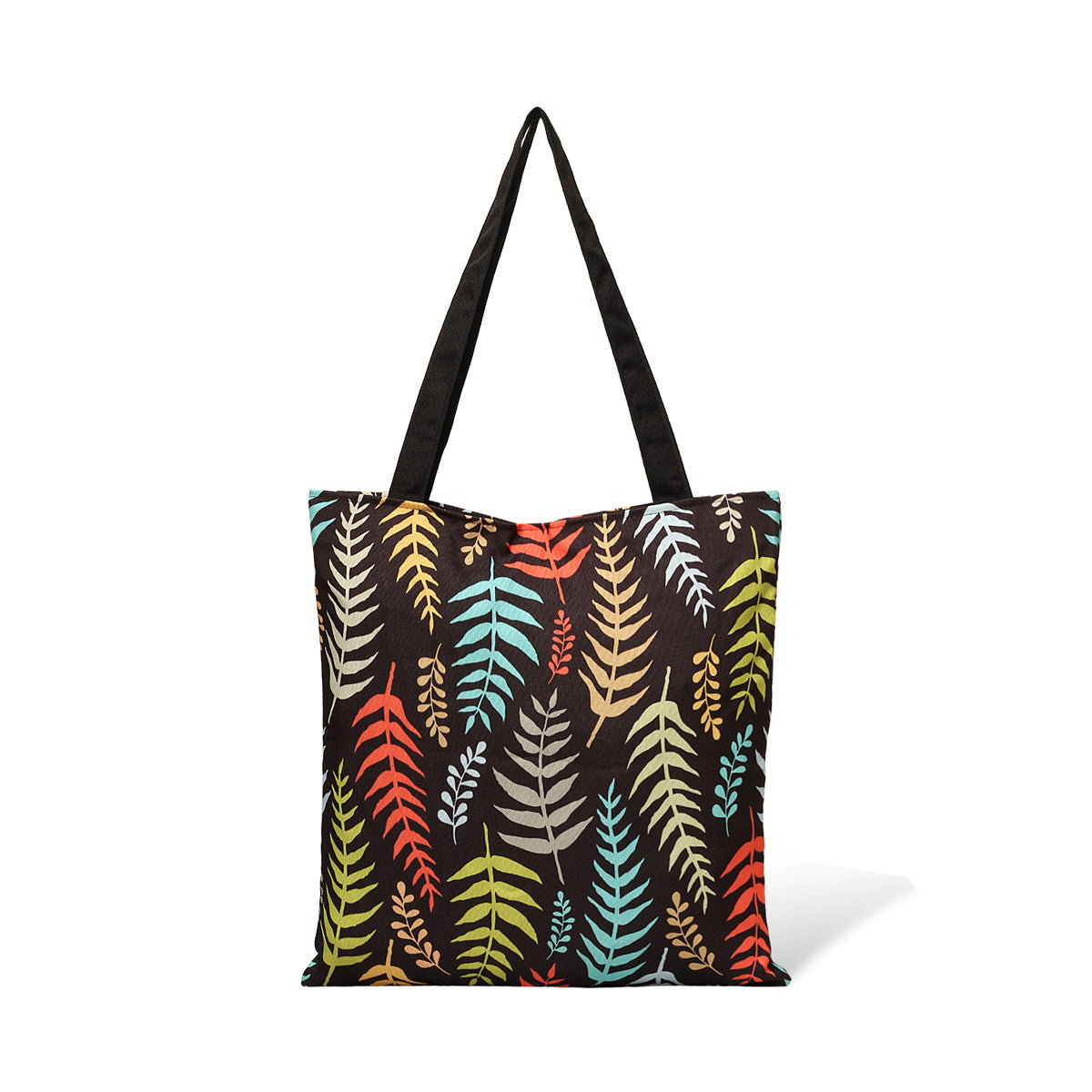 A tote bag with a design of bright leaves.