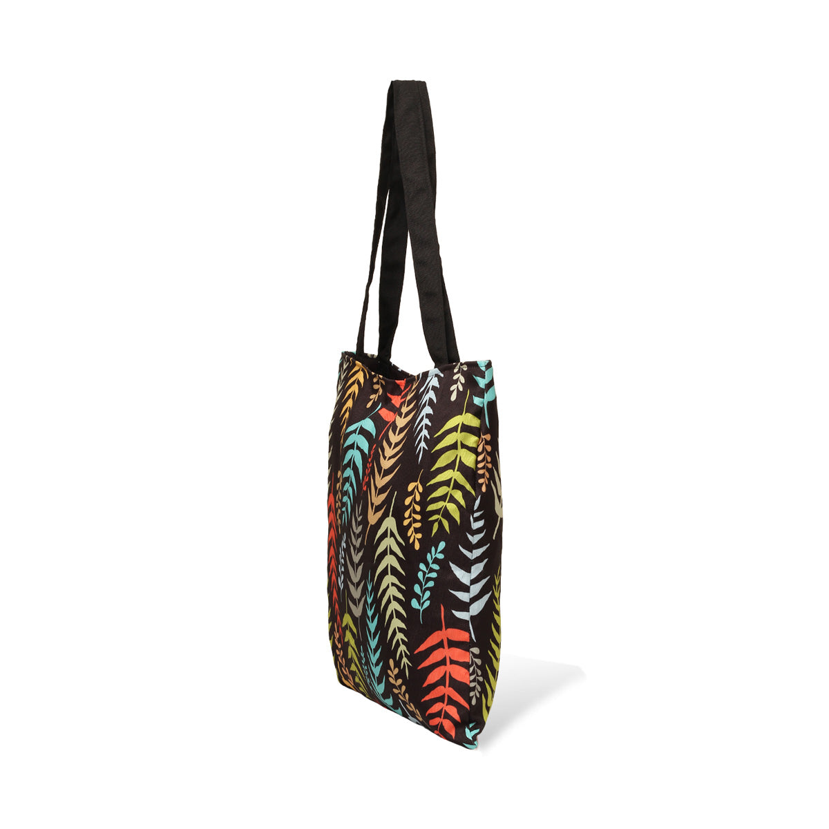 A tote bag displaying a pattern of colorful leaves.