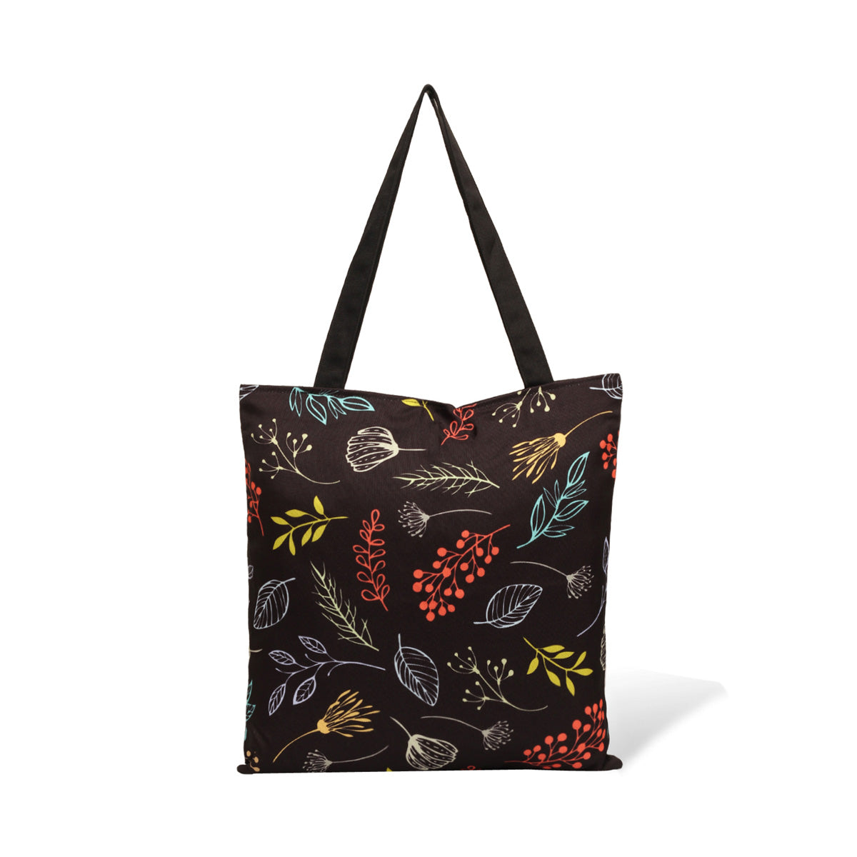 Black tote bag featuring bright leaves and flowers