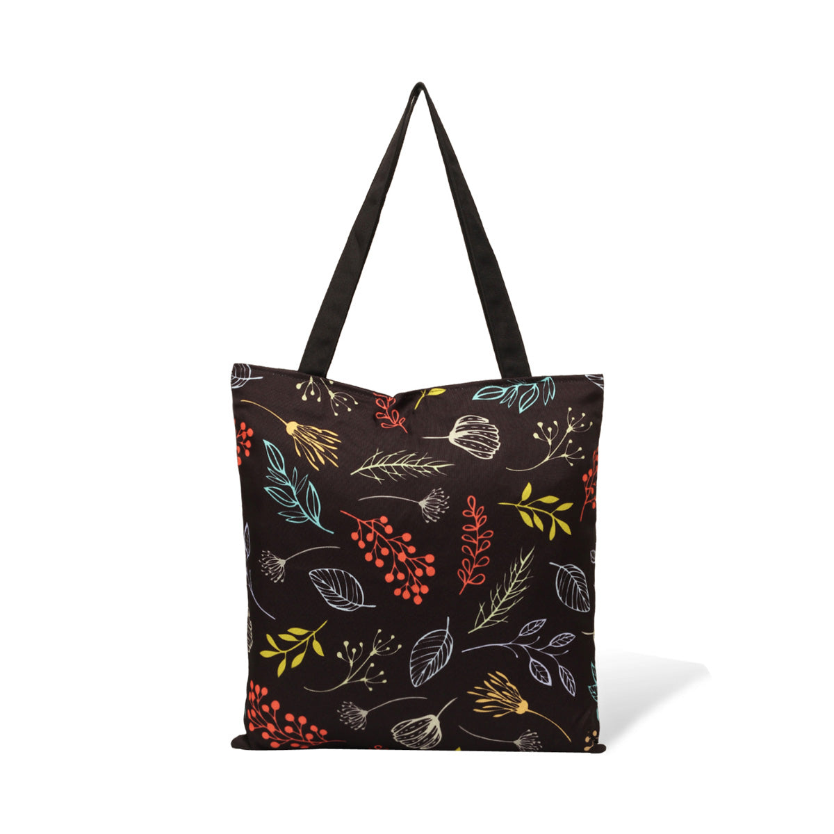 A black tote bag with vibrant foliage and berries.