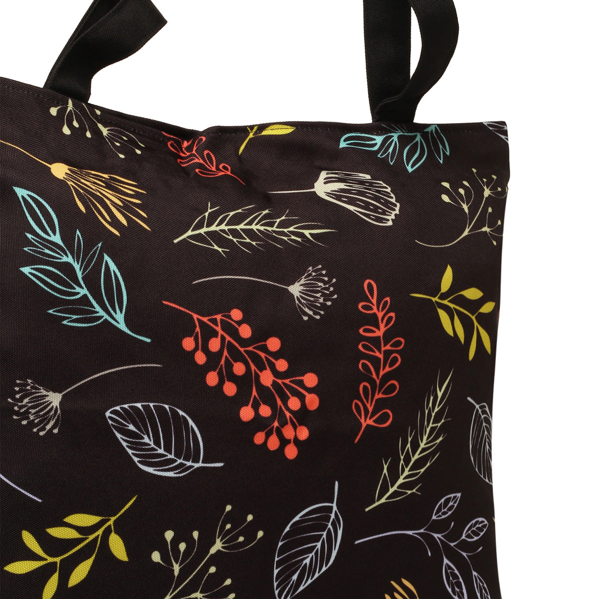  Colorful leaves and flowers on a black tote bag.