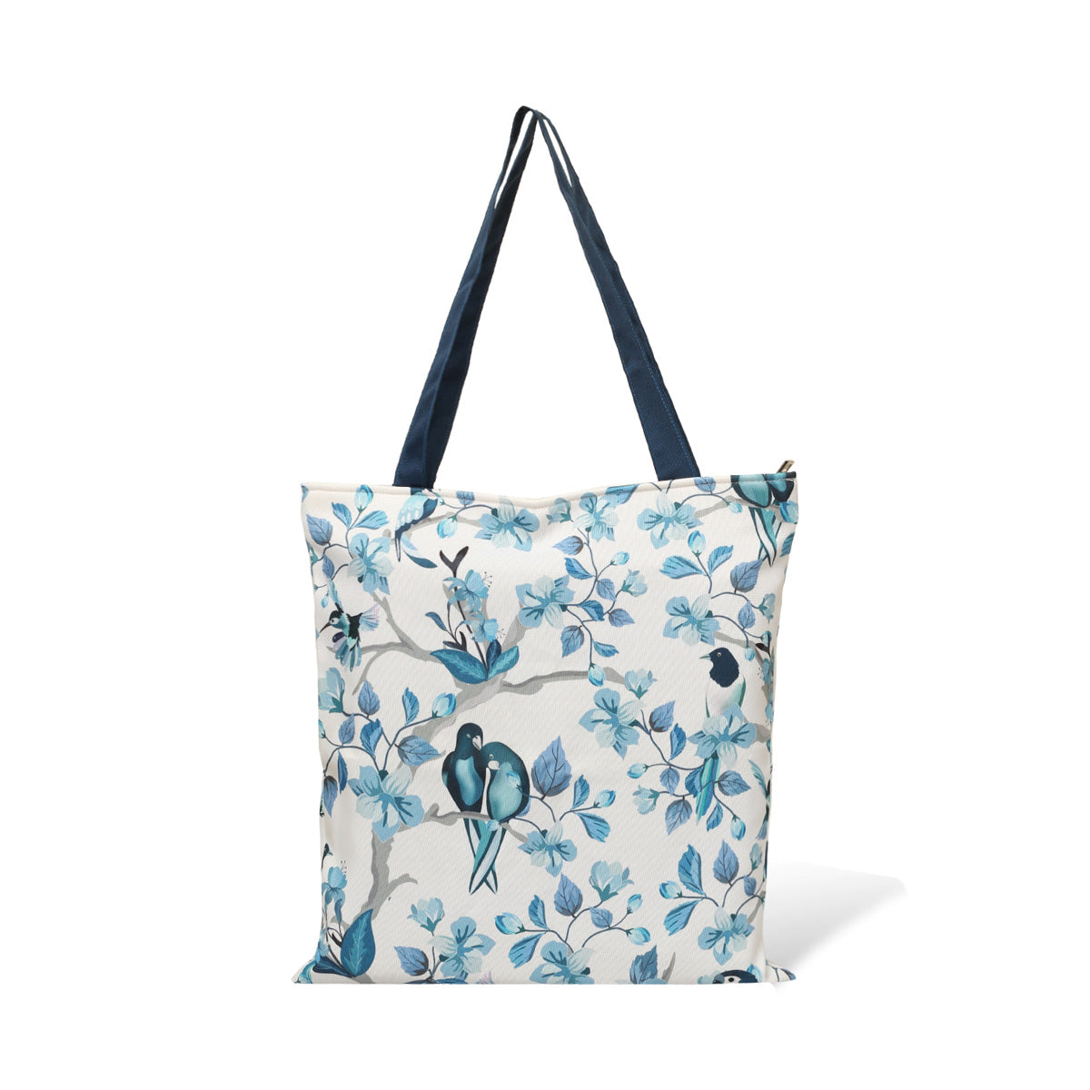 Chic tote bag adorned with cute birds in blue and white.