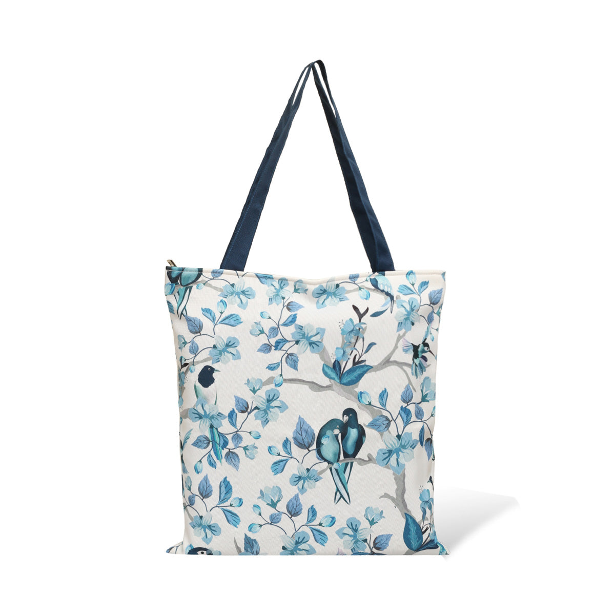 Fashionable blue and white tote bag showcasing lovely bird print.